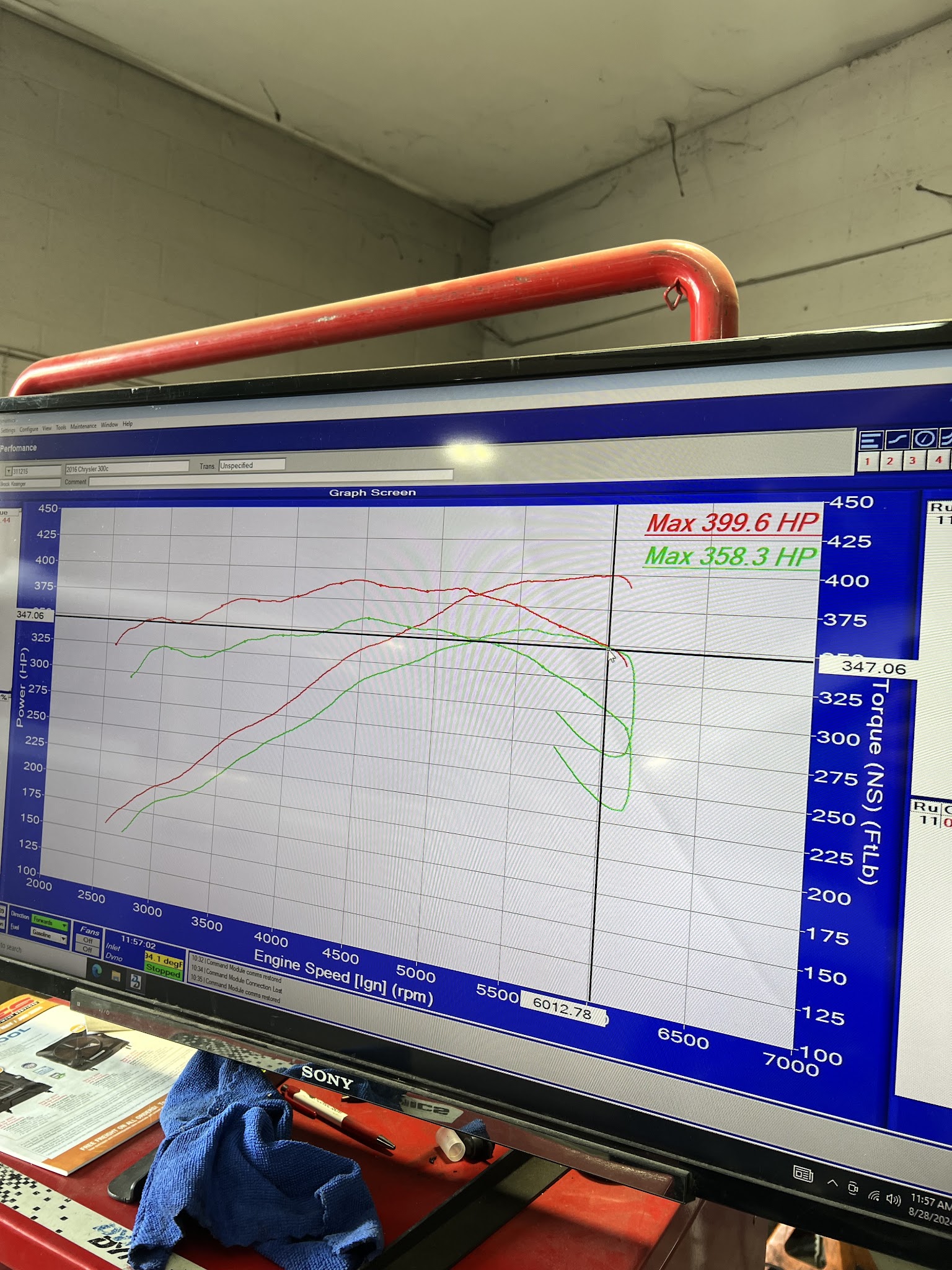 Dyno sheet from a cammed HEMI retune at Carma Performance in Nashville